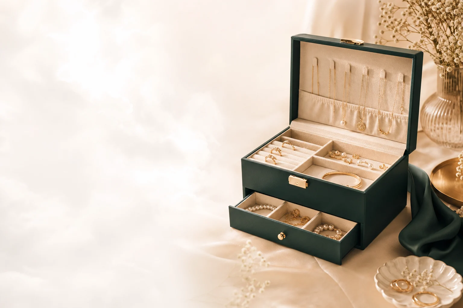 Geöffnetes Schmuckkästchen mit sortierten Ringen, Ketten und Armbändern auf einer Kommode