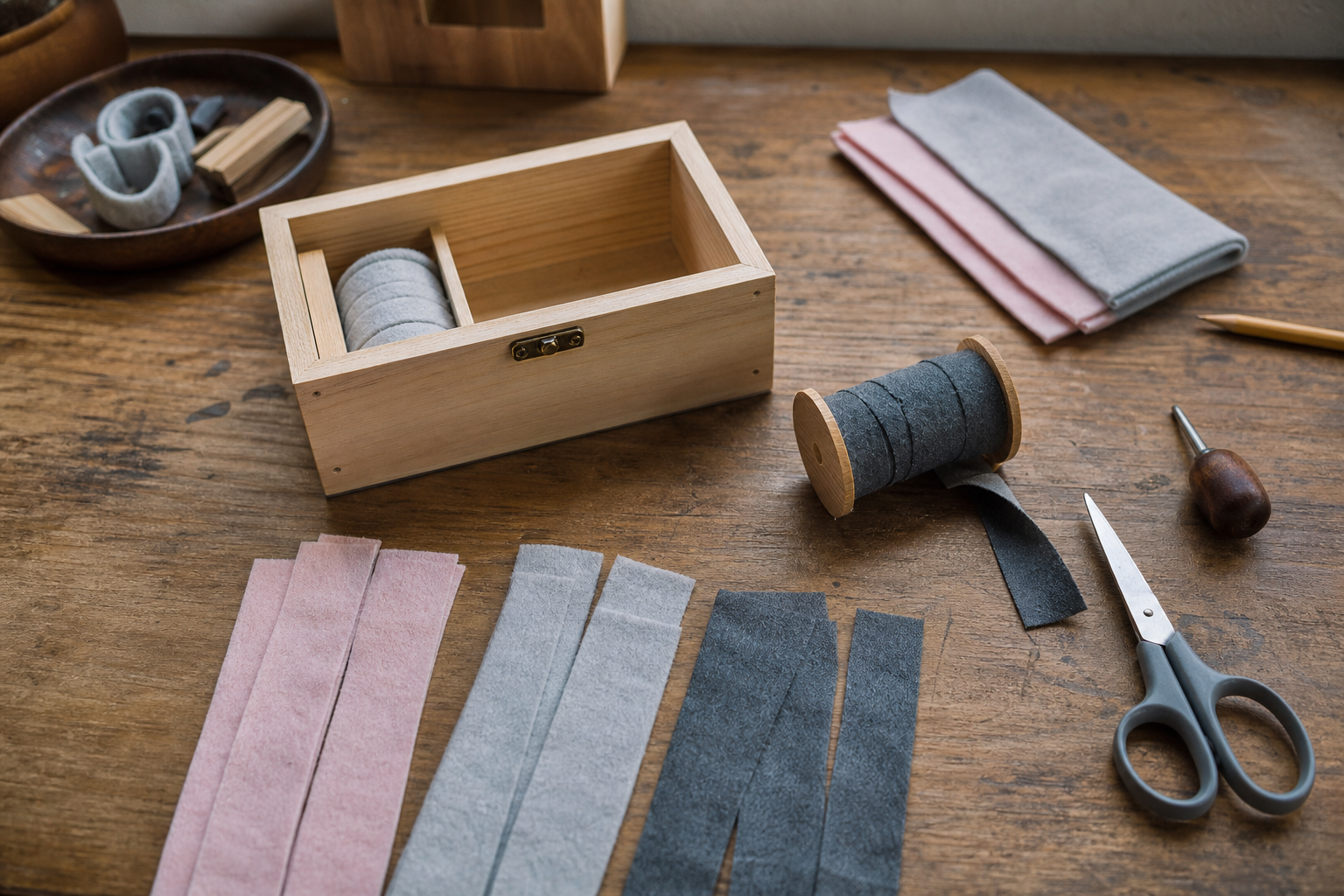 Geöffnete kleine Holzbox mit zugeschnittenen Polsterstreifen und eingesetzter Ringrolle