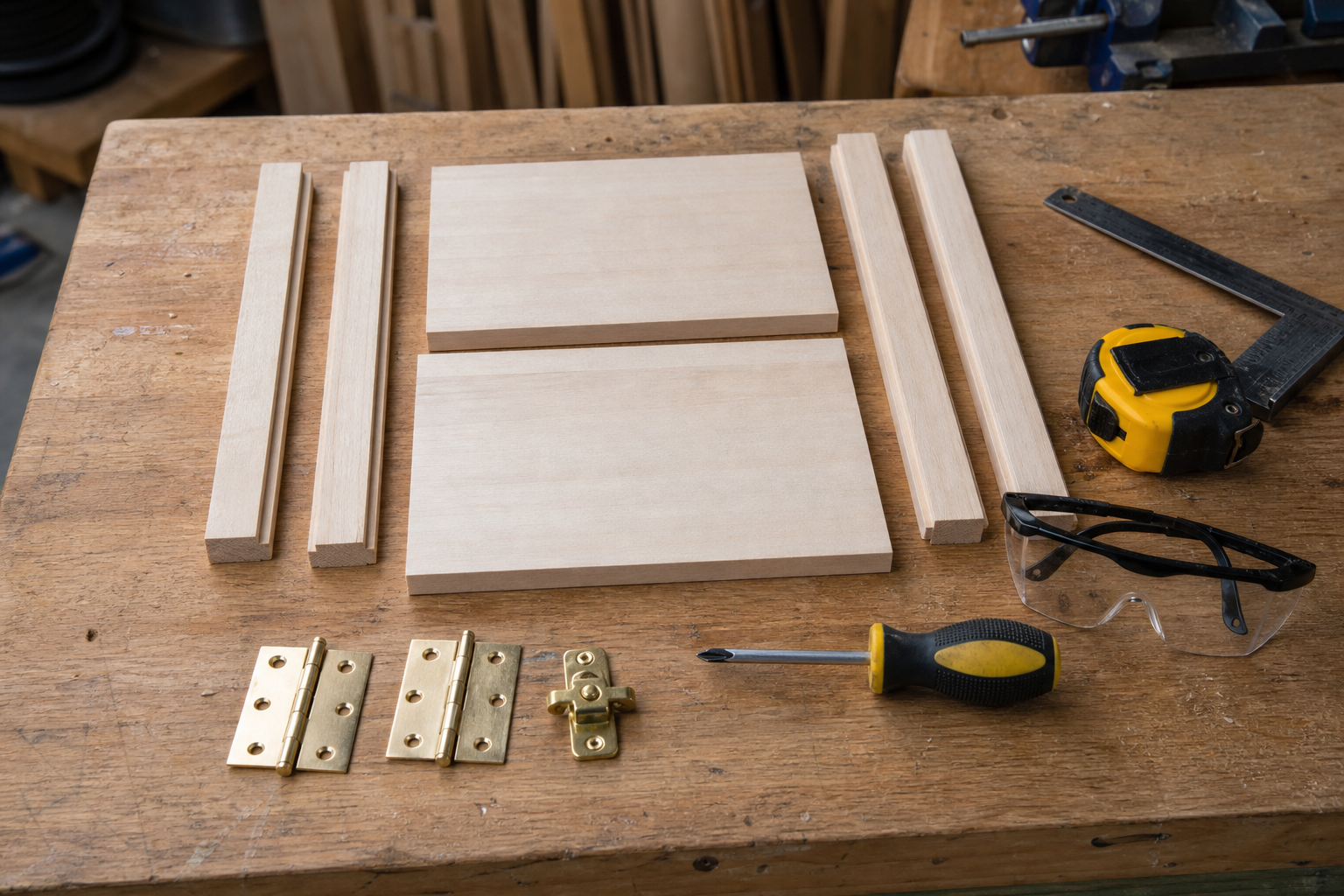 Holzbauteile eines kleinen Kästchens mit Scharnieren, Verschluss, Schraubwerkzeug und Messwerkzeug