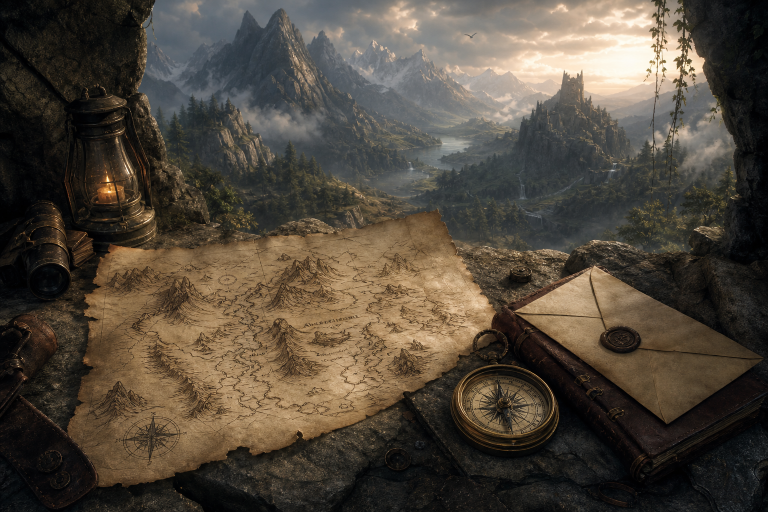 Spielkarte und Ausrüstung liegen neben einem ungekennzeichneten Brief in einer Fantasy-Landschaft