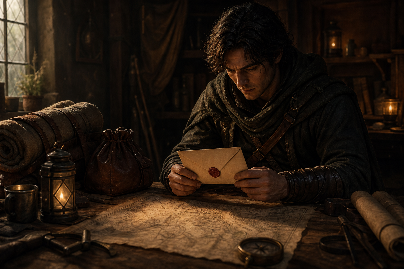 Fantasy-Abenteurer betrachtet einen Brief und eine Karte vor einer Schatzsuche