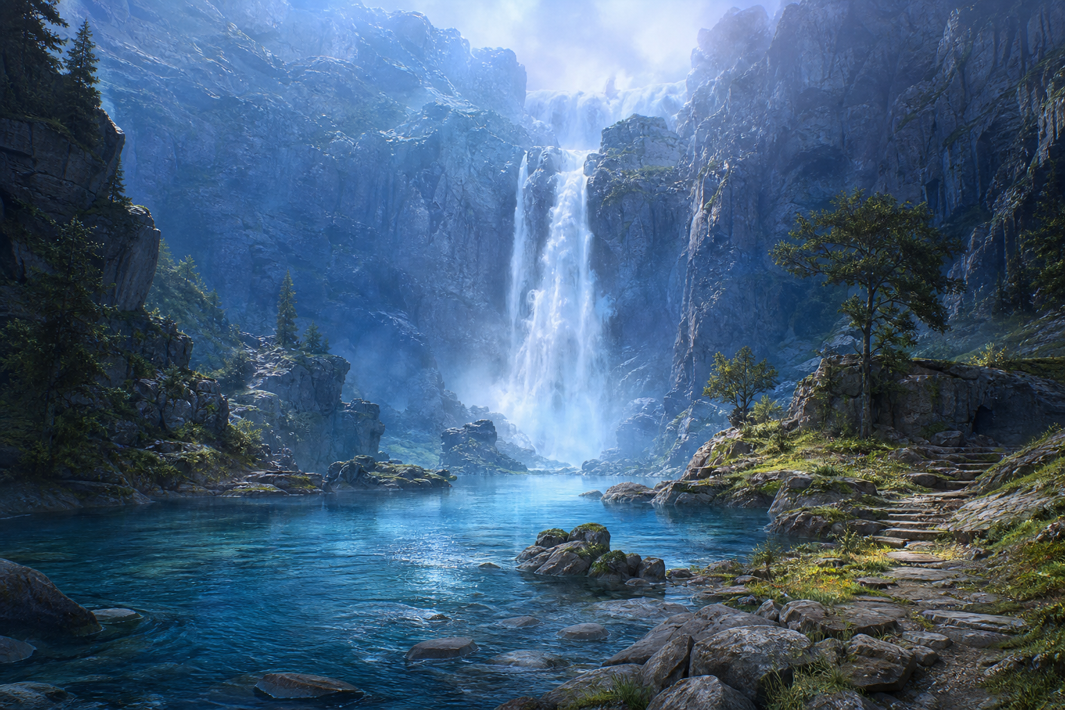 Kristalliner Wasserfall in einer blauen Berglandschaft mit felsigem Ufer