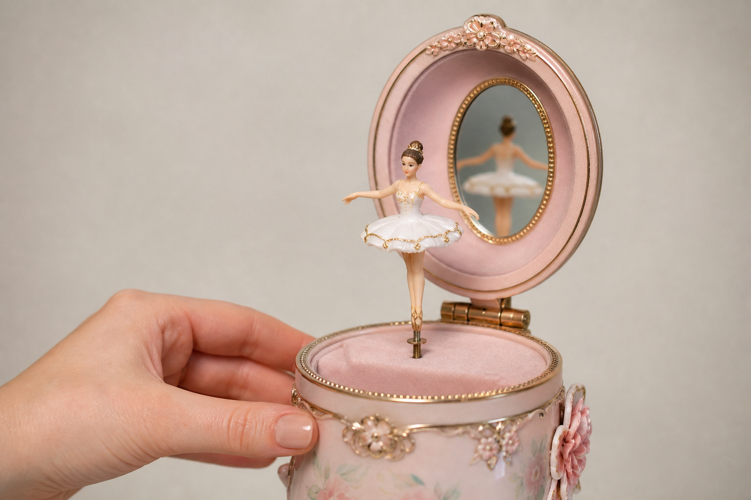 Nahaufnahme einer Hand beim vorsichtigen Bedienen eines Spieluhrkästchens neben einer Ballerina-Figur