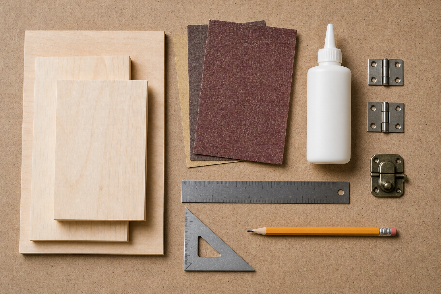Holzbretter, Schleifpapier, Holzleim, kleine Scharniere, Verschluss und Messwerkzeuge auf einer Arbeitsfläche