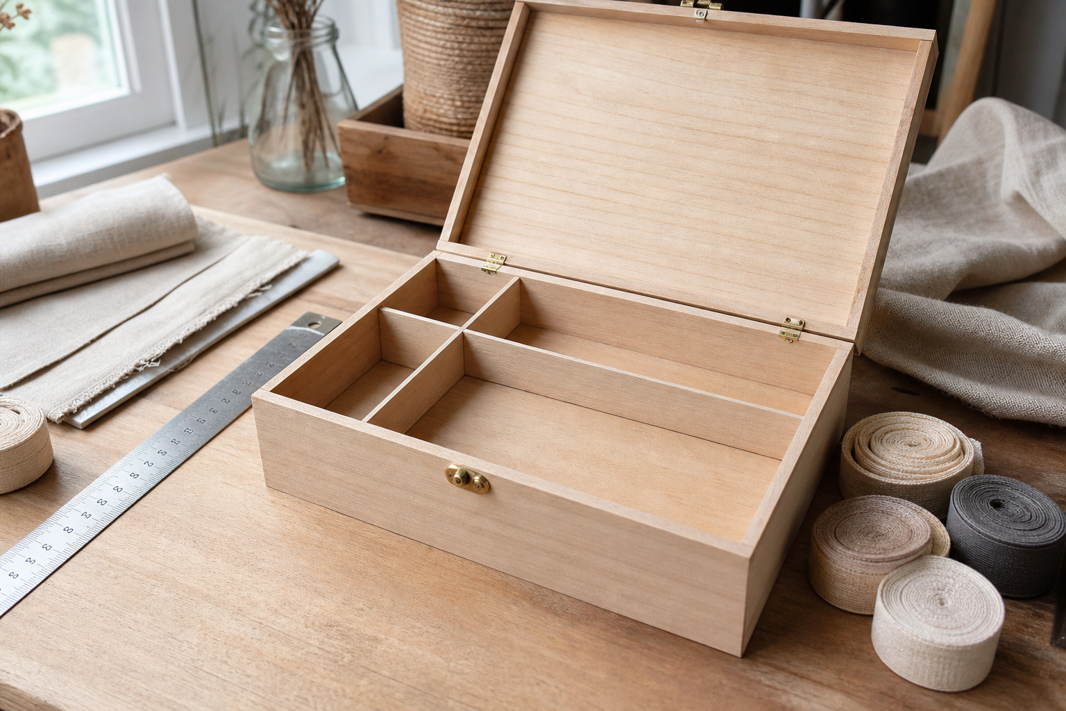 Offene Holzbox mit stoffbezogenen Rollen und einer lose eingesetzten Innenaufteilung für kleine Schmuckstücke