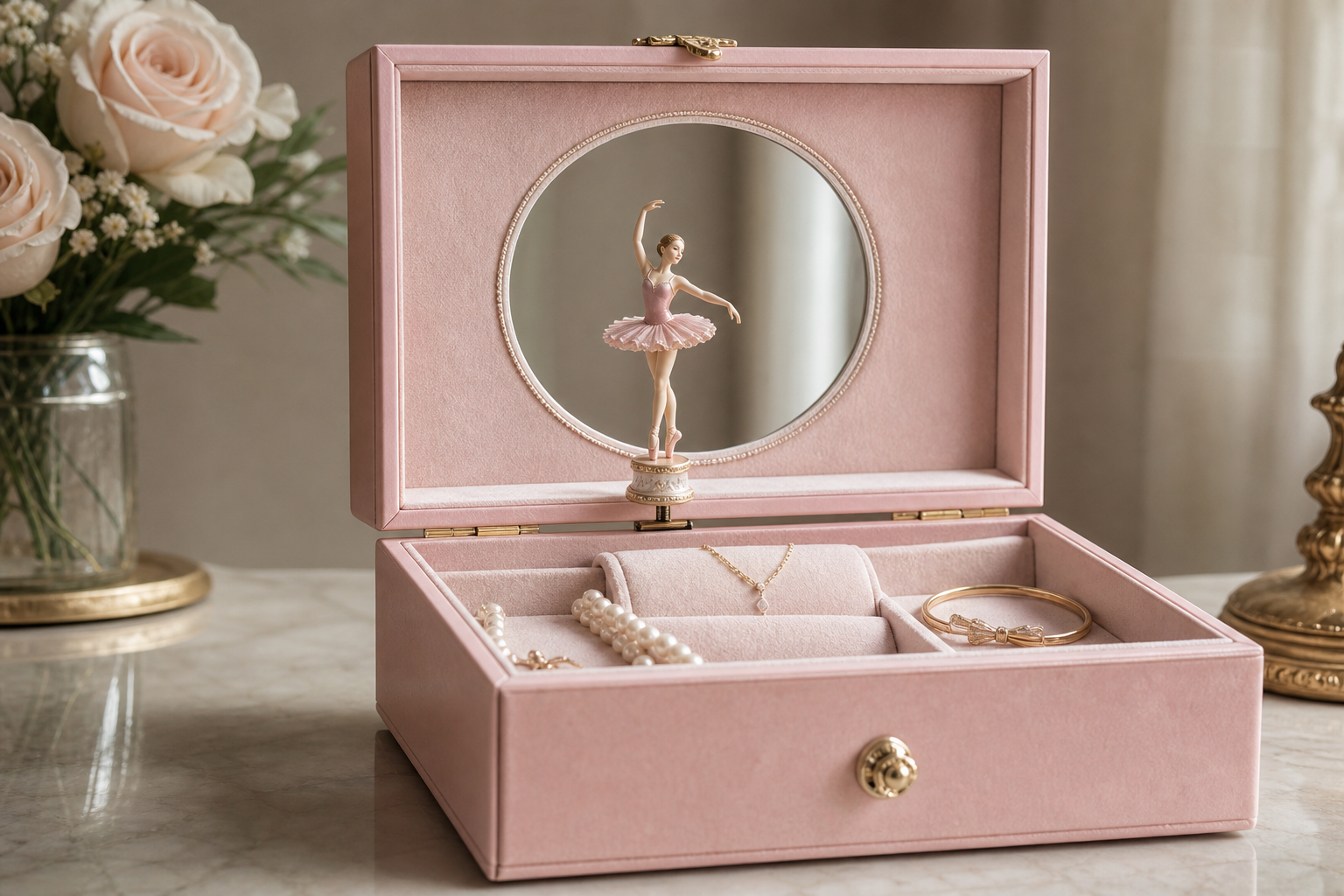 Geöffnetes Ballerina-Schmuckkästchen mit Spiegel im Innendeckel und sichtbaren Schmuckfächern