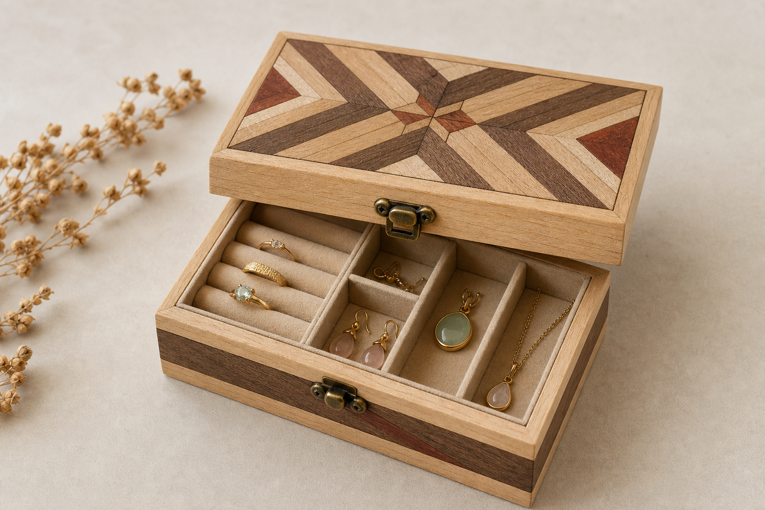 Geöffnetes gestaltetes Schmuckkästchen mit geometrischem Deckelmuster und geordneten Schmuckfächern