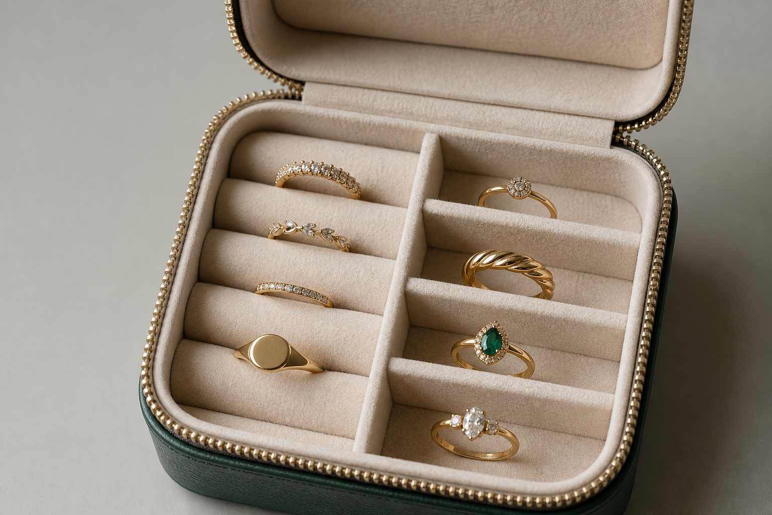 Gepolsterte Ringrollen und getrennte Filzfächer in einer kleinen Schmuckbox