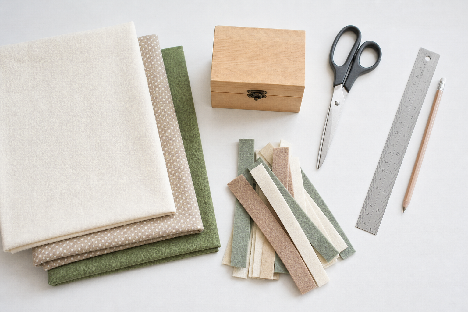 Stoff, Filz, Schere, Maßstab und kleine Holzbox für eine Ringschatulle